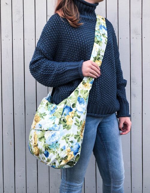 Blue roses print floral hobo crossbody bag. Fabric hobo handbag.