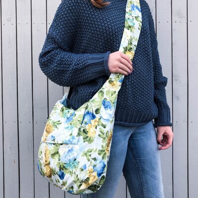 Blue roses print floral hobo crossbody bag. Fabric hobo handbag.