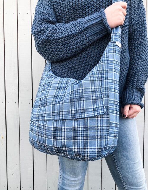 Plaid print hobo crossbody bag. Blue tartan style print bag. Fabric hobo handbag.