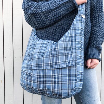 Plaid print hobo crossbody bag. Blue tartan style print bag. Fabric hobo handbag.