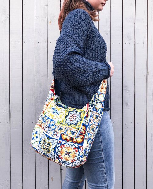 Tiles print hobo crossbody bag. Mediterranean style bag. Fabric hobo handbag.