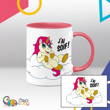 Mug blanc et rose, Licorne sur un nuage, J'ai soif