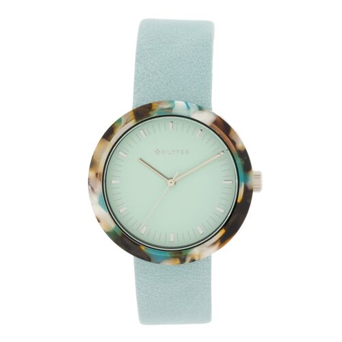 RELOJ AZUL CELESTE CAJA CON ACRILICO SIMULANDO CAREY 38MM INTERIOR CORREA PIEL 1F673AZ