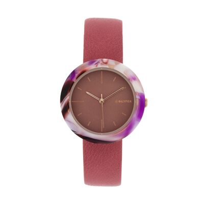 Boîtier de montre rose 34 mm avec bracelet en cuir intérieur acrylique 1F699L