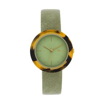 Boîtier de montre vert 34 mm avec bracelet en cuir intérieur acrylique 1F699V