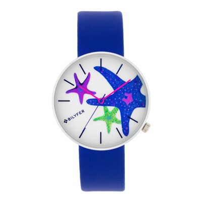Boîtier de montre étoile de mer bleue Bracelet en cuir intérieur 38 mm 1F700AZ
