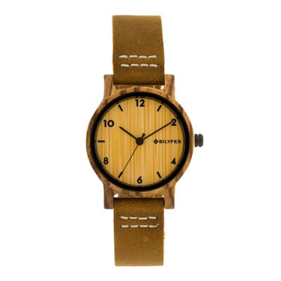 Montre avec boîtier en bois de zebrano de 32 mm et bracelet en cuir 1F704M