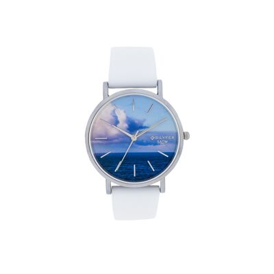 RELOJ BLUE SKAY W/R 5ATM BLANCO ESFERA PLATEADA DIA 1F715BL