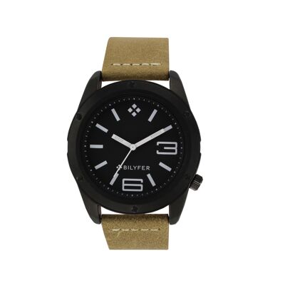 5ATM 2-TONE BLACK STITCHED LEATHER STRAP WATCH 2W453NN