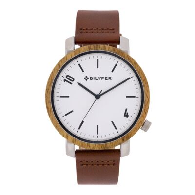 ZEBRANO WOOD STEEL WATCH AND BROWN LEATHER STRAP 2W454M