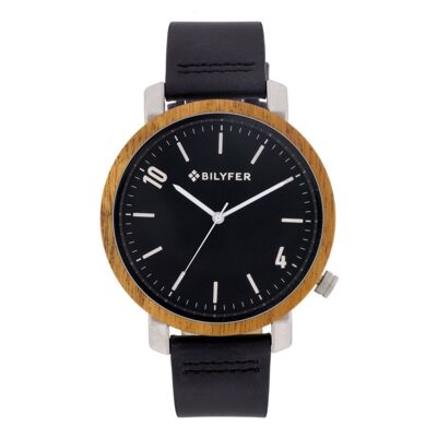 ZEBRANO WOOD STEEL WATCH AND BLACK LEATHER STRAP 2W454N