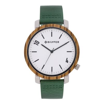 MONTRE ZEBRANO BOIS ACIER ET BRACELET CUIR VERT 2W454V