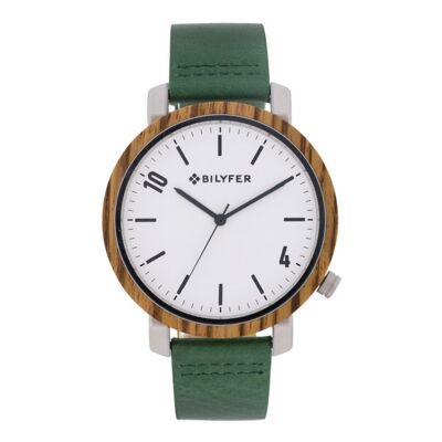 ZEBRANO WOOD STEEL WATCH AND GREEN LEATHER STRAP 2W454V