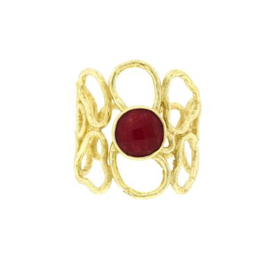 HANDCRAFTED RED RING OPEN FILIGREE GOLD PLATED AND RED JADE A0013GRA1