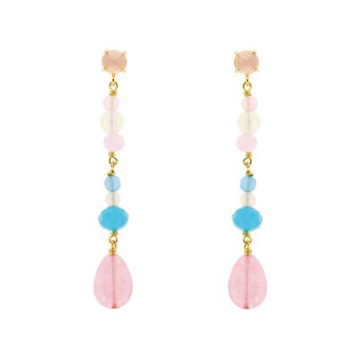 CRISTAL Long pink multicolored crystal gold plated earring 6.5 cm long C0018RPE1