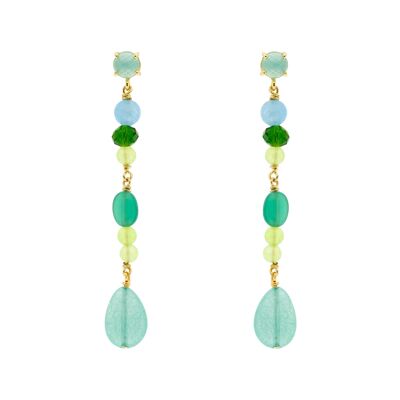CRISTAL Long multicolored green earring with gold plated faceted crystals 6.5cm long C0018VPE1