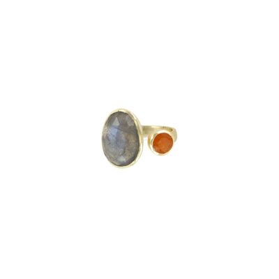 PLATED RING UNIVERSAL SIZE GOLD PLATED LABRADORITE STONE WITH ORANGE JADE D0254GA1