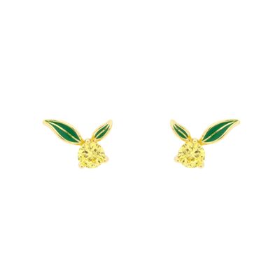 PLATED Lemon yellow Bilyfer earring with green enameled leaves and zirconia D0453AMPE1