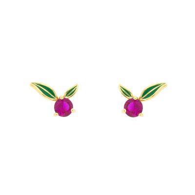 PLATED Strawberry Bilyfer boucle d'oreille avec feuilles émaillées vertes et zircone fuchsia D0453FPE1