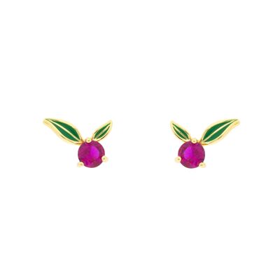 PLATED Strawberry Bilyfer earring with green enameled leaves and fuchsia zirconia D0453FPE1