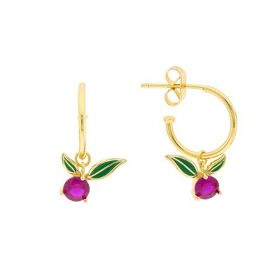PLATED Bilyfer hoop with dangling fuchsia zirconia and enameled green leaves D0453FPE2