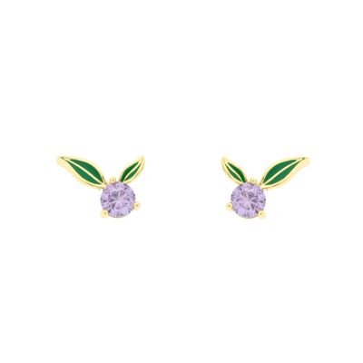 PLATED Blueberry Bilyfer Ohrring mit emaillierten grünen Blättern und lila Zirkonia D0453LPE1