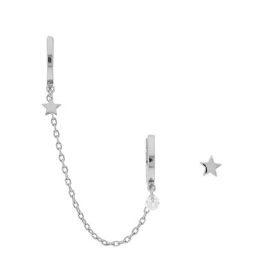 PLATED Double hoop with star and zirconia and chain rhodium finish D0464PLPE1