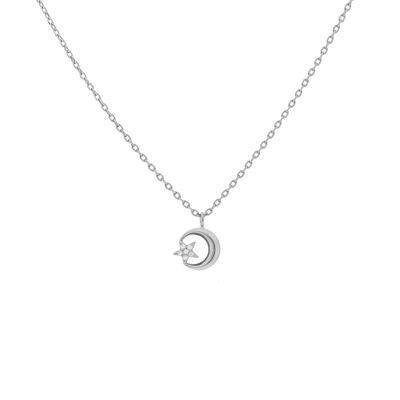 PLATING Moon and star necklace with rhodium-finish zircons D0466PLCOL1