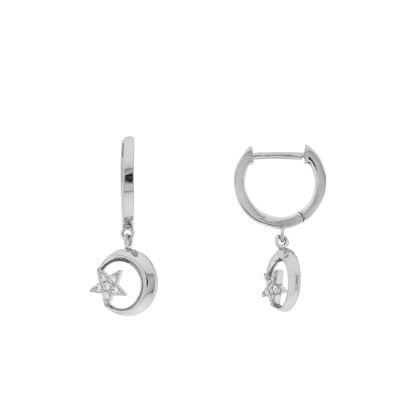 PLATING Hoop with moon and star pendant with rhodium-finish zirconia D0466PLPE2