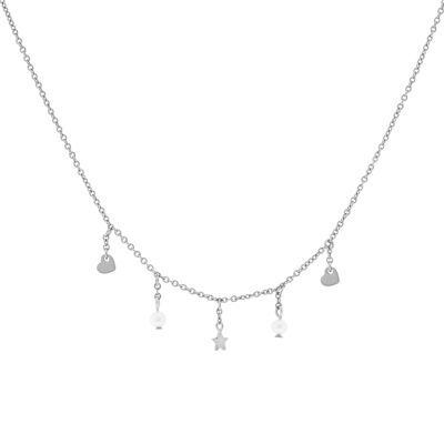 PLATING Collana finitura rodio con stelle, perle e cuori D0467PLCOL1