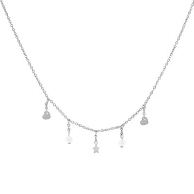 PLATING Rhodium finish necklace with stars, pearls and hearts D0467PLCOL1
