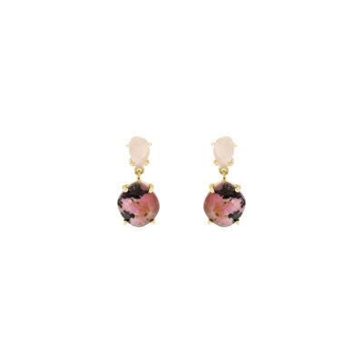 BOUCLES D'OREILLES PLAQUÉES OR RHODONITE ET QUARTZ ROSE PIERRE P0007RPE1