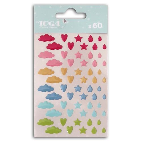 60 mini stickers epoxy nuages cœurs étoiles gouttes