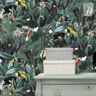 Papier peint à motifs Jungle tropicale avec des oiseaux tropicaux