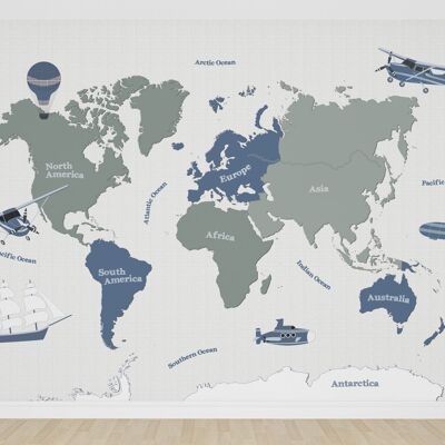 World map wallpaper blue green with vehicles_400 x 270 cm