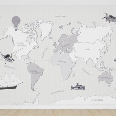 World map wallpaper gray or grey-blue with vehicles_400 x 270 cm