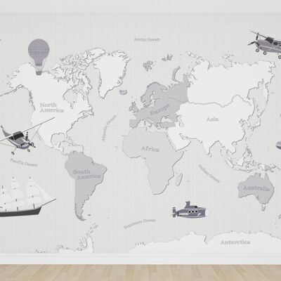 Carta da parati mappa del mondo grigia o grigio-blu con veicoli_400 x 270 cm