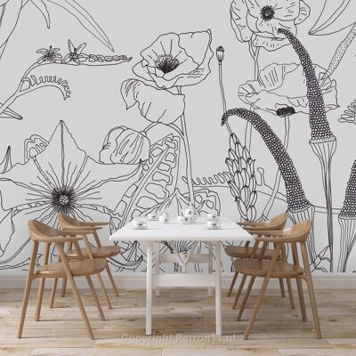 Poster wallpaper Flower garden with large graphic flowers_400 x 270 cm