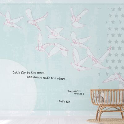 Carta da parati per uccelli uccelli in volo con luna blu_400 x 270 cm
