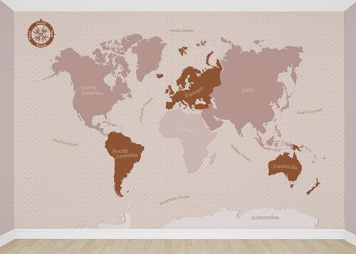 Wereldkaart behang roze en roestkleur met diverse achtergronden_400 x 270 cm