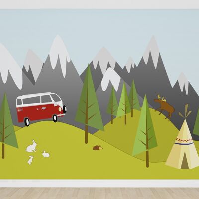 Carta da parati per poster Foresta da campeggio con montagne, conigli e alci_400 x 270 cm