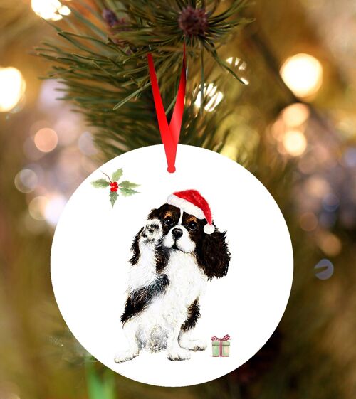 Babs, Cavalier king charles spaniel, ceramic hanging Christmas decoration, tree ornament by Jane Bannon