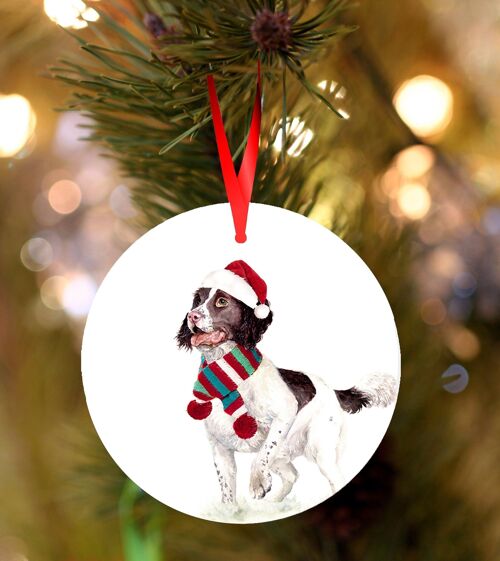 Barnaby, Springer spaniel, liver & white dog, ceramic hanging Christmas decoration, tree ornament by Jane Bannon