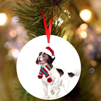 Barnaby, Springer spaniel, hígado y perro blanco, decoración navideña colgante de cerámica, adorno de árbol de Jane Bannon