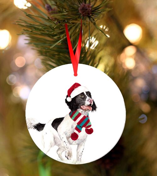 Barney, Springer spaniel, black & white dog, ceramic hanging Christmas decoration, tree ornament by Jane Bannon