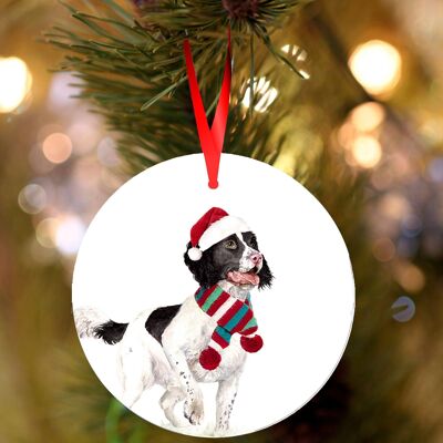 Barney, Springer spaniel, black & white dog, ceramic hanging Christmas decoration, tree ornament by Jane Bannon