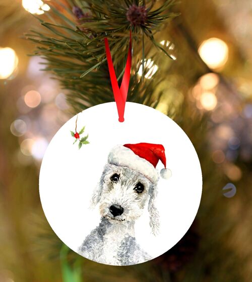 Benny, Bedlington terrier, ceramic hanging Christmas decoration, tree ornament by Jane Bannon