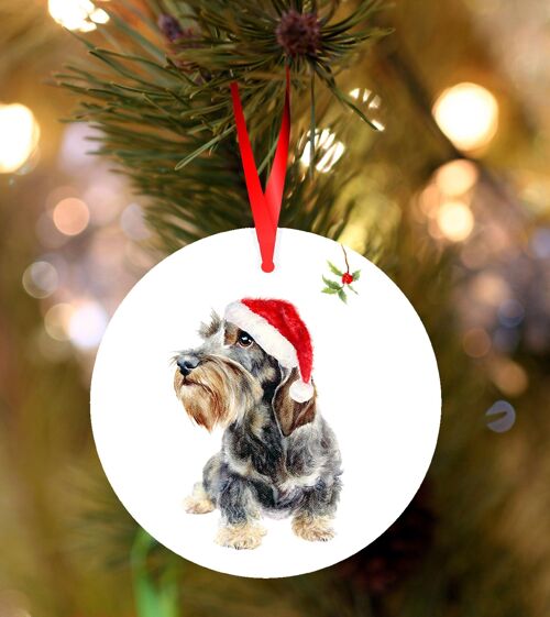 Benson, Wirehaired dachshund, ceramic hanging Christmas decoration, tree ornament by Jane Bannon