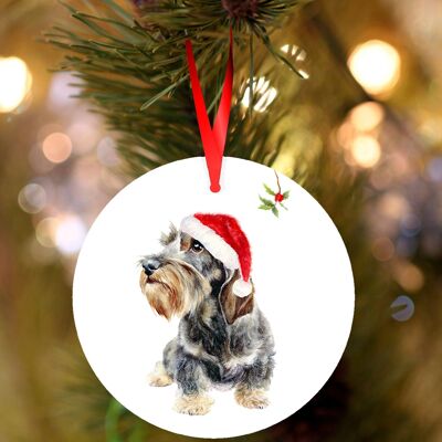 Benson, perro salchicha de pelo duro, decoración navideña colgante de cerámica, adorno de árbol de Jane Bannon