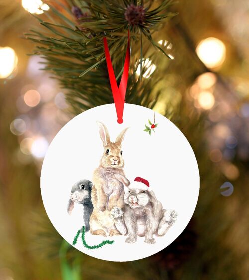 Bramble, Lexie and Tommy, Rabbits, ceramic hanging Christmas decoration, tree ornament by Jane Bannon